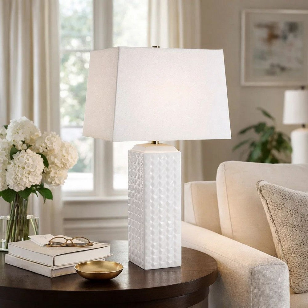 Table Lamp, Linen Shade, 3D Diamond Knob Gloss White Ceramic, 25 Inch - BM346780