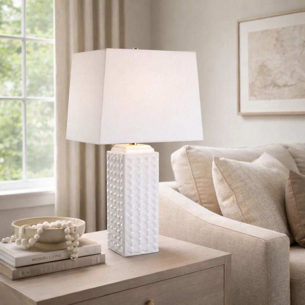 Table Lamp, Linen Shade, 3D Diamond Knob Gloss White Ceramic, 25 Inch - BM346780