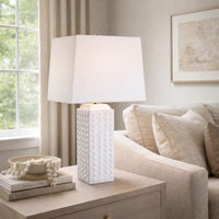 Table Lamp, Linen Shade, 3D Diamond Knob Gloss White Ceramic, 25 Inch - BM346780