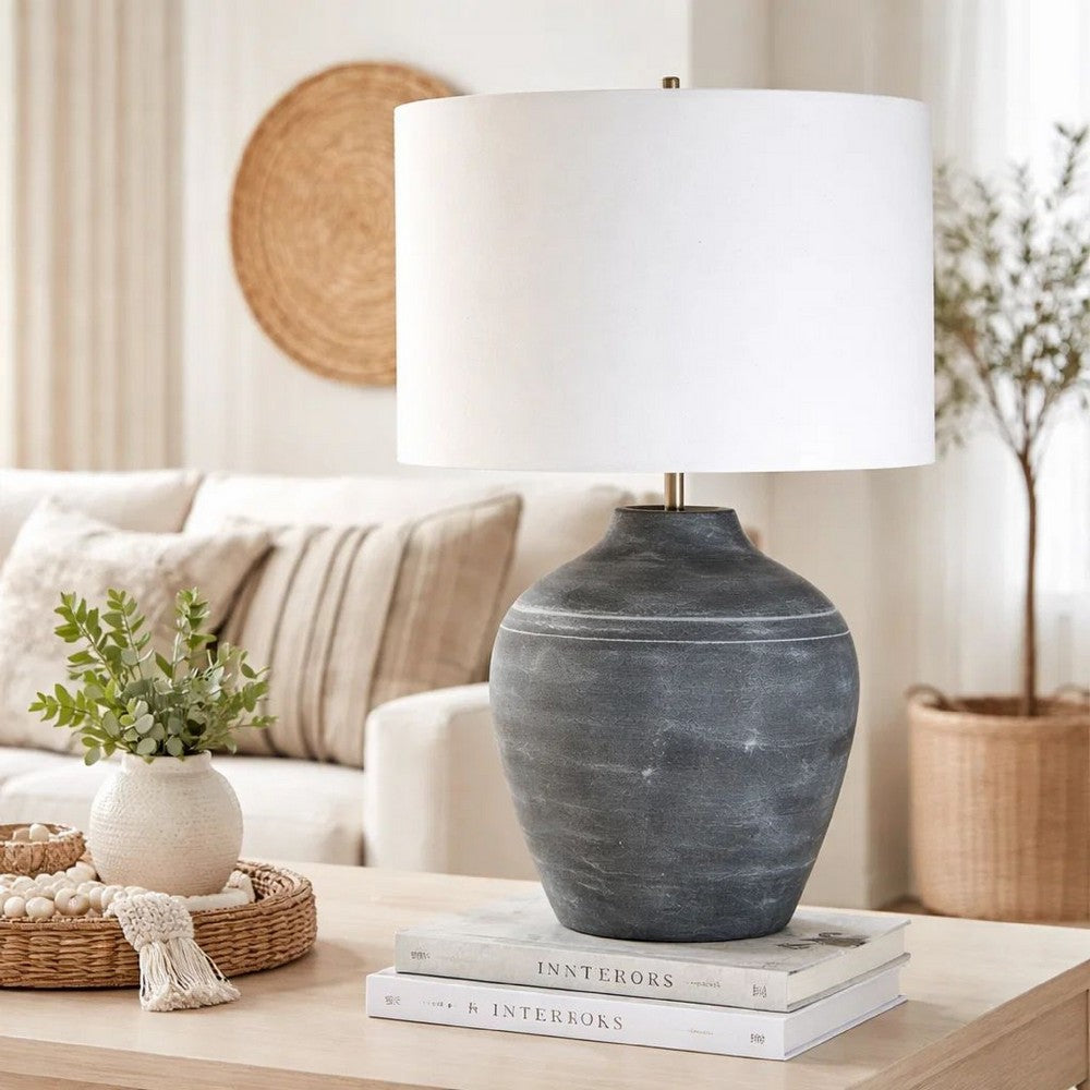 Table Lamp, Off White Linen Shade, Weathered Black Urn Body, 24 Inch - BM346783