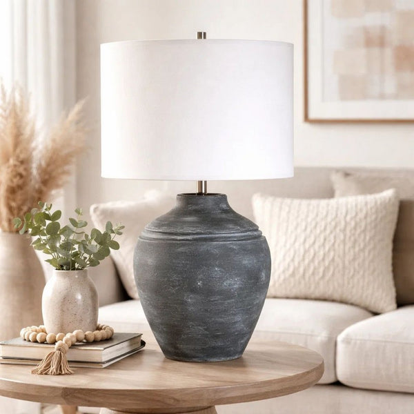 Table Lamp, Off White Linen Shade, Weathered Black Urn Body, 24 Inch - BM346783
