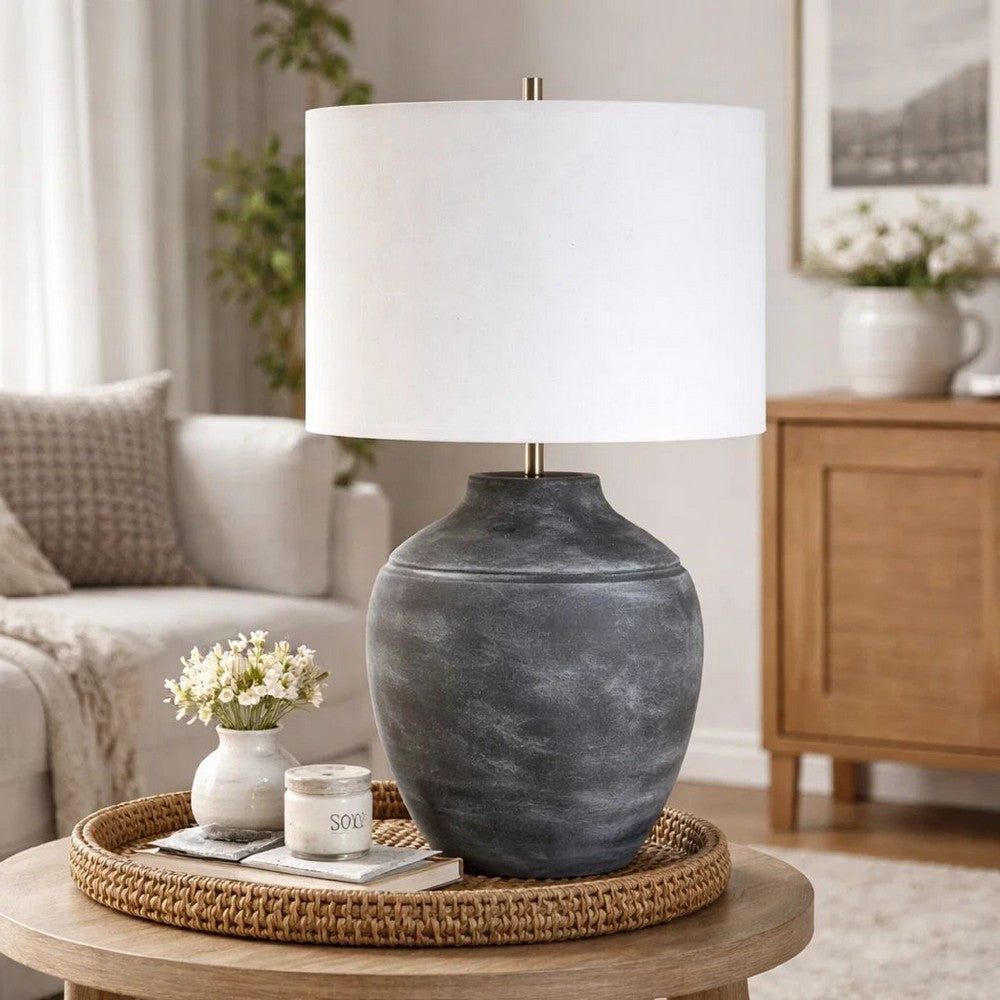 Table Lamp, Off White Linen Shade, Weathered Black Urn Body, 24 Inch - BM346783
