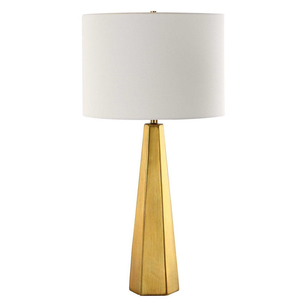 Table Lamp, White Linen Shade, Gold Ceramic Geometric Base, 28 Inch - BM346784
