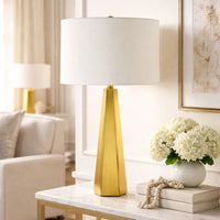 Table Lamp, White Linen Shade, Gold Ceramic Geometric Base, 28 Inch - BM346784