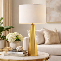 Table Lamp, White Linen Shade, Gold Ceramic Geometric Base, 28 Inch - BM346784