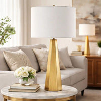Table Lamp, White Linen Shade, Gold Ceramic Geometric Base, 28 Inch - BM346784