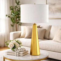 Table Lamp, White Linen Shade, Gold Ceramic Geometric Base, 28 Inch - BM346784