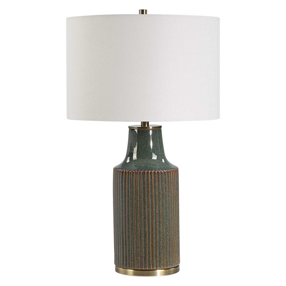 Table Lamp, White Linen Shade, Ribbed Ceramic Base, Blue Green 27 Inch - BM346785