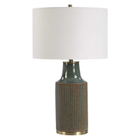Table Lamp, White Linen Shade, Ribbed Ceramic Base, Blue Green 27 Inch - BM346785
