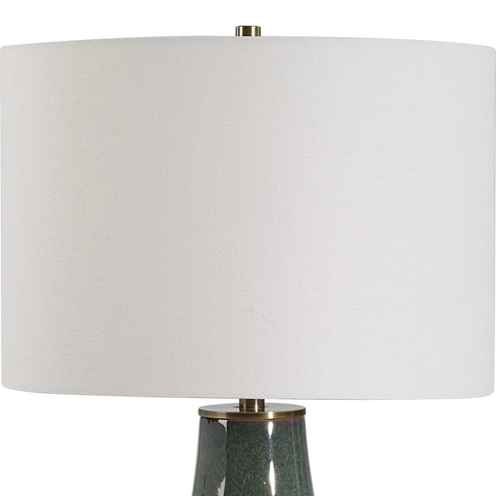 Table Lamp, White Linen Shade, Ribbed Ceramic Base, Blue Green 27 Inch - BM346785