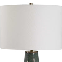 Table Lamp, White Linen Shade, Ribbed Ceramic Base, Blue Green 27 Inch - BM346785