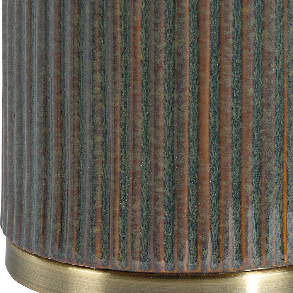 Table Lamp, White Linen Shade, Ribbed Ceramic Base, Blue Green 27 Inch - BM346785