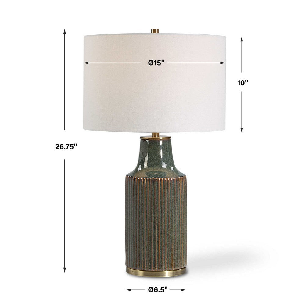Table Lamp, White Linen Shade, Ribbed Ceramic Base, Blue Green 27 Inch - BM346785
