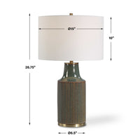 Table Lamp, White Linen Shade, Ribbed Ceramic Base, Blue Green 27 Inch - BM346785