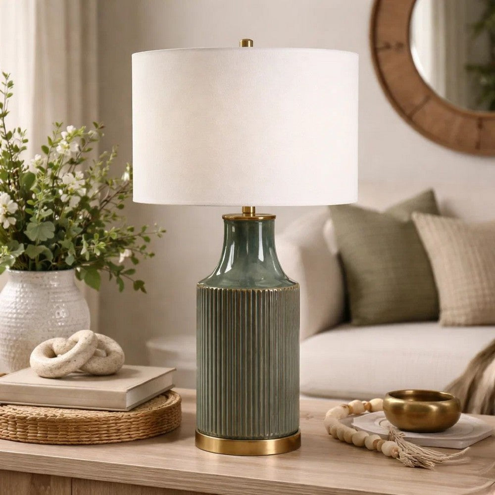 Table Lamp, White Linen Shade, Ribbed Ceramic Base, Blue Green 27 Inch - BM346785