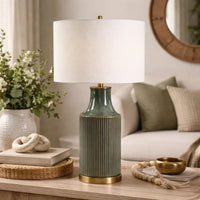 Table Lamp, White Linen Shade, Ribbed Ceramic Base, Blue Green 27 Inch - BM346785
