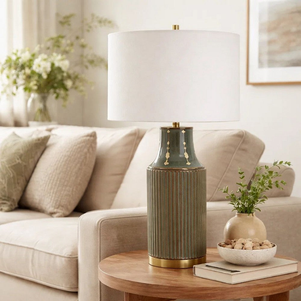 Table Lamp, White Linen Shade, Ribbed Ceramic Base, Blue Green 27 Inch - BM346785