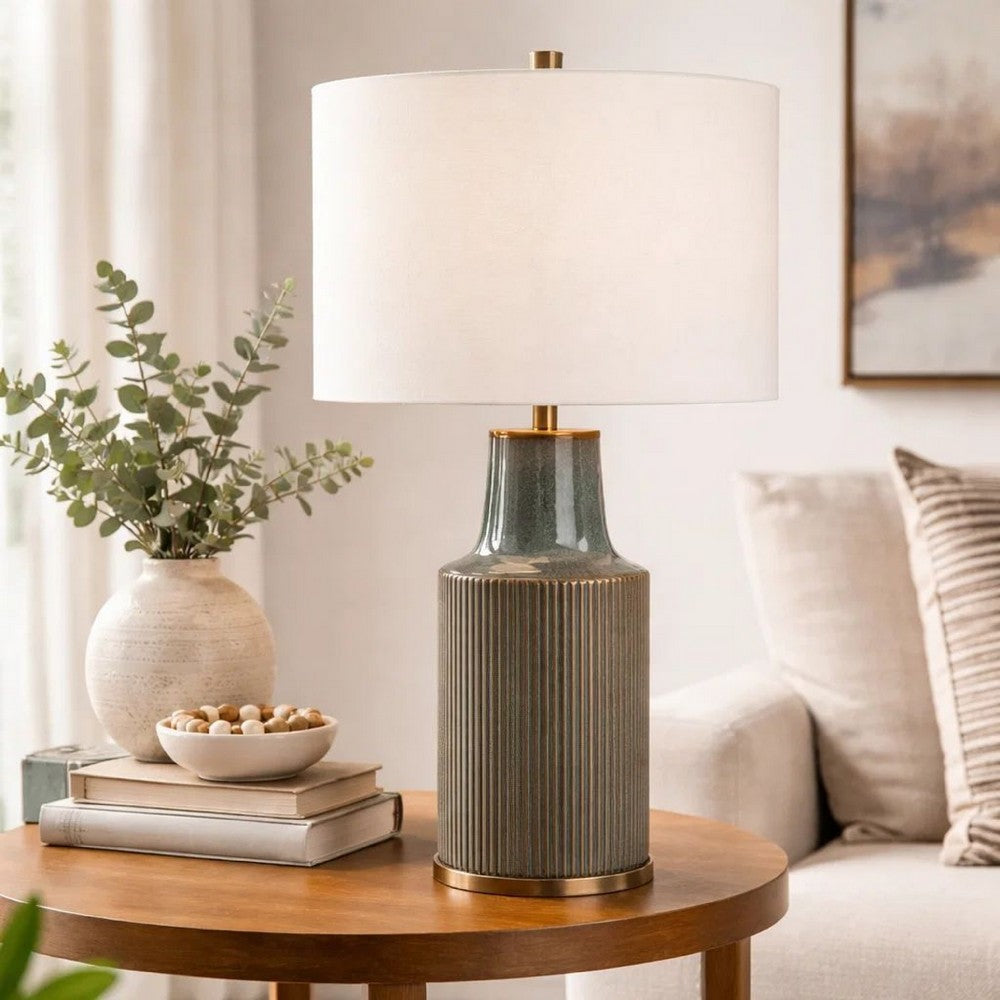 Table Lamp, White Linen Shade, Ribbed Ceramic Base, Blue Green 27 Inch - BM346785