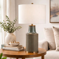 Table Lamp, White Linen Shade, Ribbed Ceramic Base, Blue Green 27 Inch - BM346785