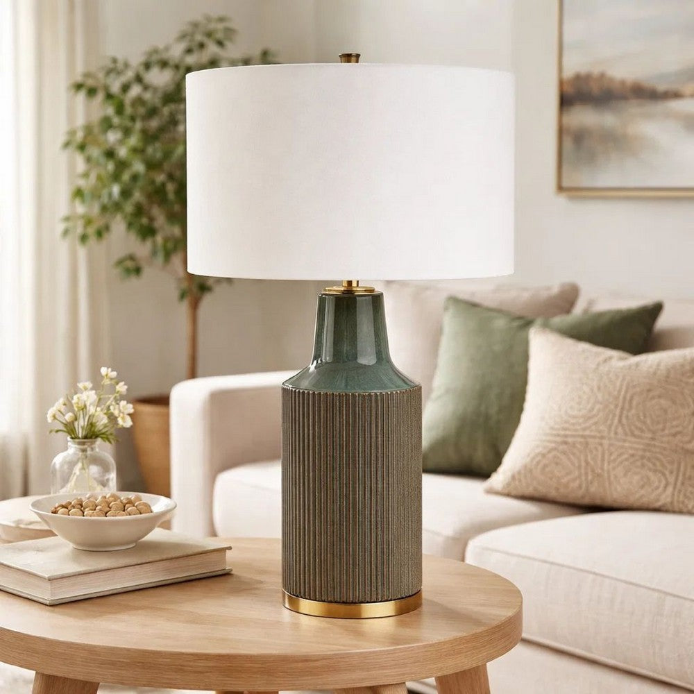 Table Lamp, White Linen Shade, Ribbed Ceramic Base, Blue Green 27 Inch - BM346785