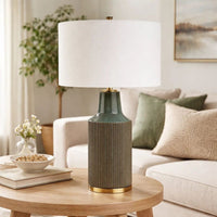 Table Lamp, White Linen Shade, Ribbed Ceramic Base, Blue Green 27 Inch - BM346785