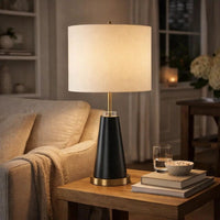 Gek Table Lamp, Off White Linen Shade, Black Tapered Base, 28 Inch - BM346787