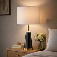 Gek Table Lamp, Off White Linen Shade, Black Tapered Base, 28 Inch - BM346787