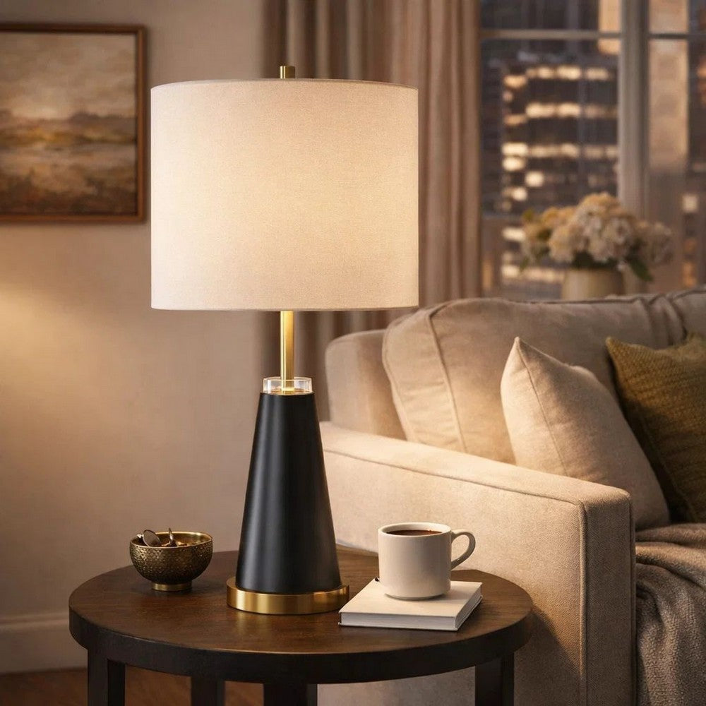 Gek Table Lamp, Off White Linen Shade, Black Tapered Base, 28 Inch - BM346787