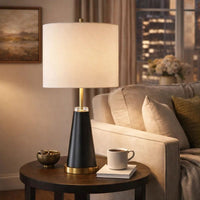 Gek Table Lamp, Off White Linen Shade, Black Tapered Base, 28 Inch - BM346787