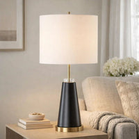 Gek Table Lamp, Off White Linen Shade, Black Tapered Base, 28 Inch - BM346787