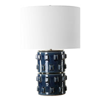 Table Lamp, 3D Raised Block Patterns, White Linen Shade, Blue 23 Inch - BM346788