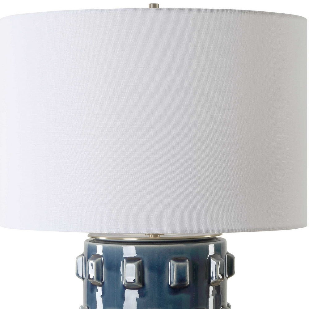 Table Lamp, 3D Raised Block Patterns, White Linen Shade, Blue 23 Inch - BM346788