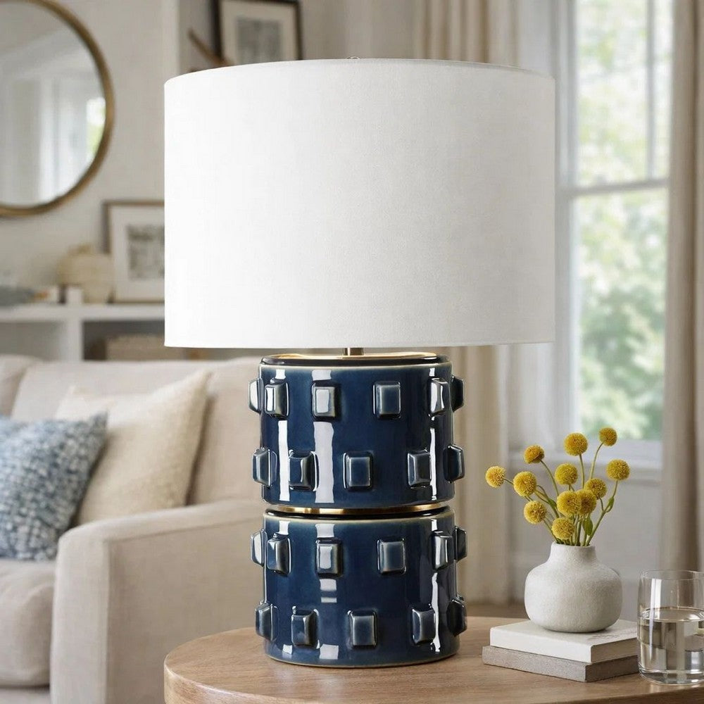 Table Lamp, 3D Raised Block Patterns, White Linen Shade, Blue 23 Inch - BM346788