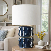 Table Lamp, 3D Raised Block Patterns, White Linen Shade, Blue 23 Inch - BM346788