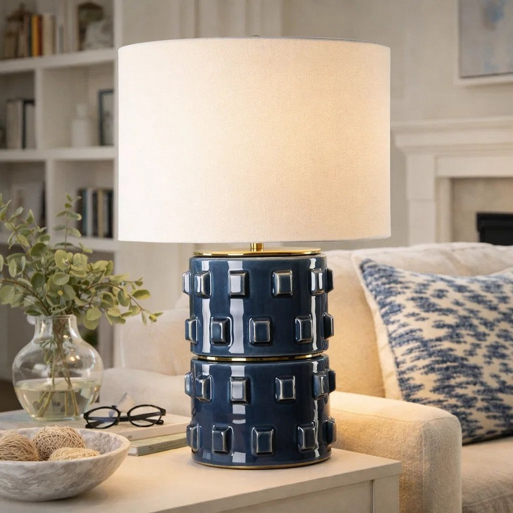 Table Lamp, 3D Raised Block Patterns, White Linen Shade, Blue 23 Inch - BM346788
