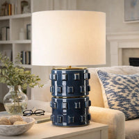 Table Lamp, 3D Raised Block Patterns, White Linen Shade, Blue 23 Inch - BM346788