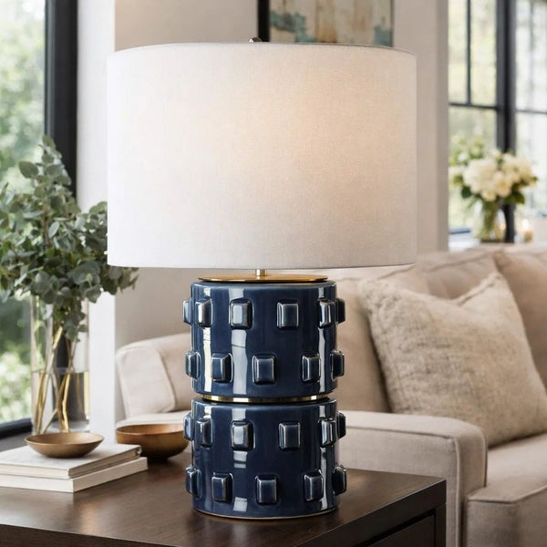 Table Lamp, 3D Raised Block Patterns, White Linen Shade, Blue 23 Inch - BM346788
