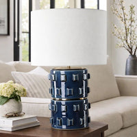 Table Lamp, 3D Raised Block Patterns, White Linen Shade, Blue 23 Inch - BM346788