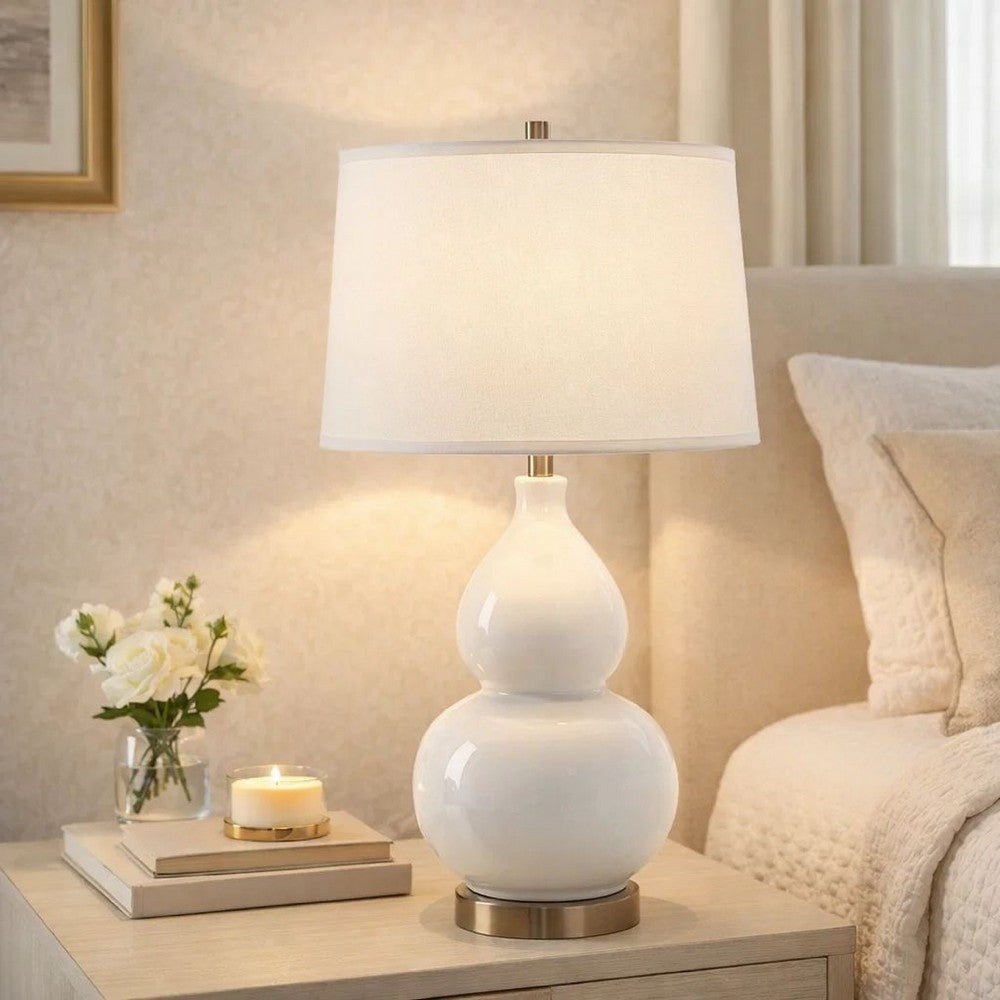 Roe Table Lamp, White Linen Shade, White Gourd Ceramic Body, 26 Inch - BM346792