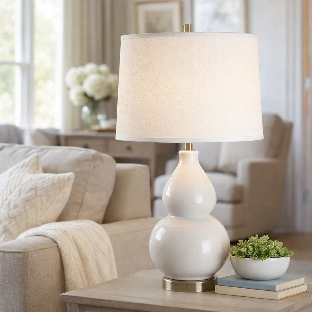 Roe Table Lamp, White Linen Shade, White Gourd Ceramic Body, 26 Inch - BM346792