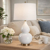 Roe Table Lamp, White Linen Shade, White Gourd Ceramic Body, 26 Inch - BM346792