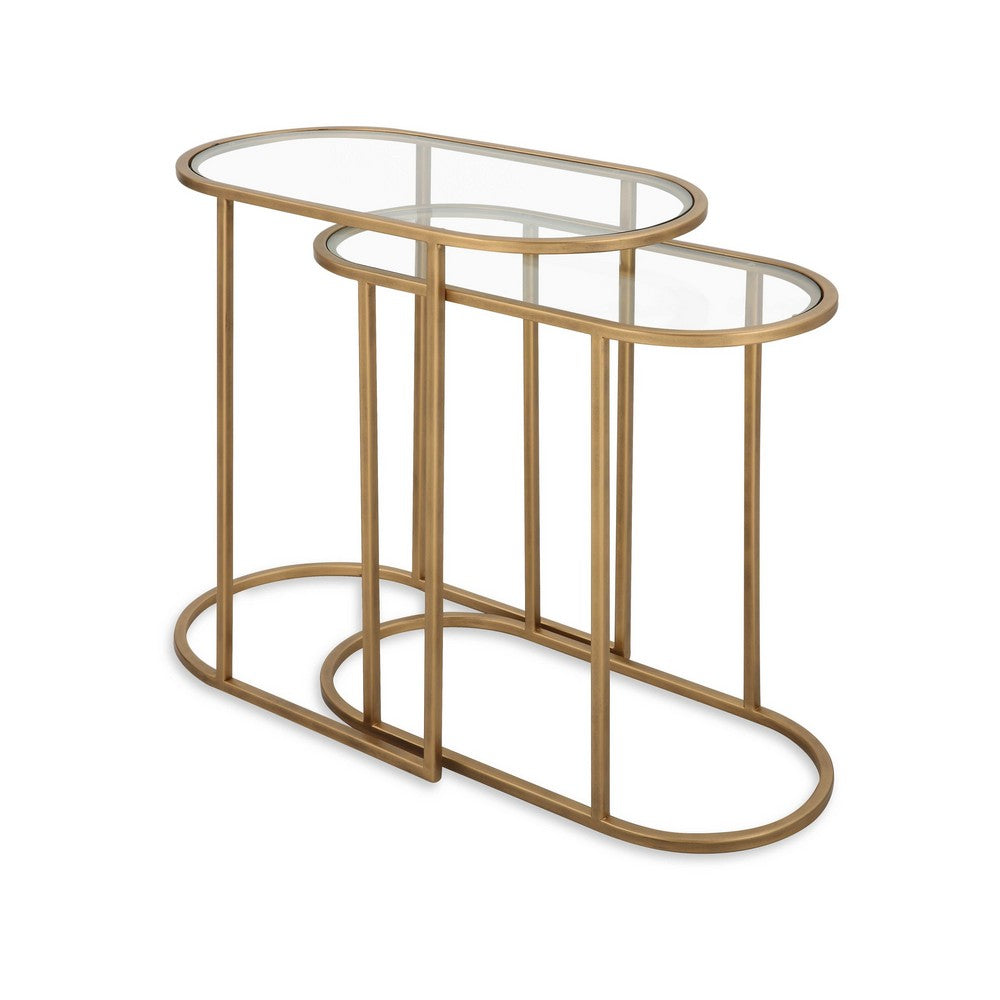 Valo 2pc Nesting Accent Table Set, Retro Glass Oval Top, Antique Brass - BM346797
