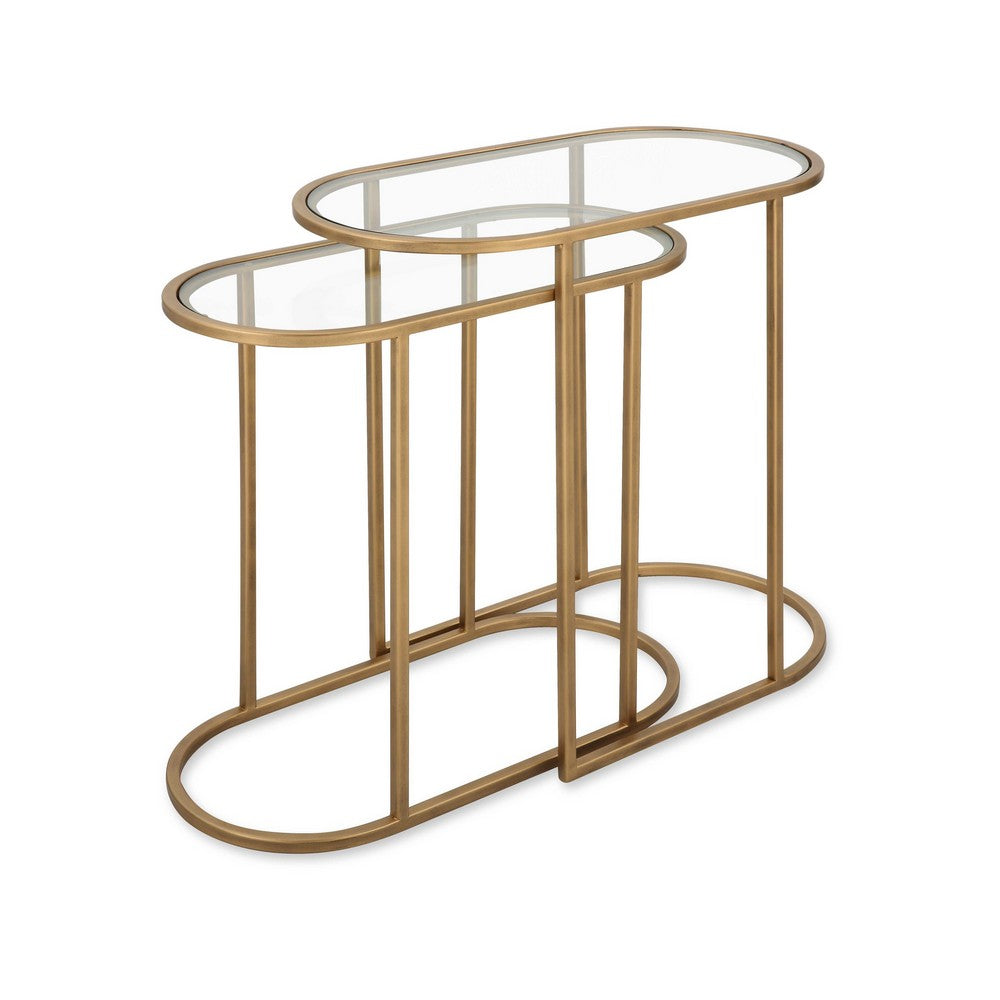 Valo 2pc Nesting Accent Table Set, Retro Glass Oval Top, Antique Brass - BM346797