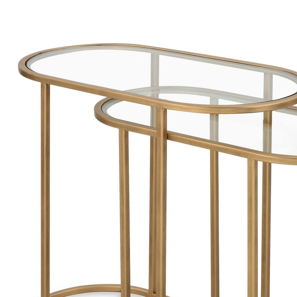 Valo 2pc Nesting Accent Table Set, Retro Glass Oval Top, Antique Brass - BM346797