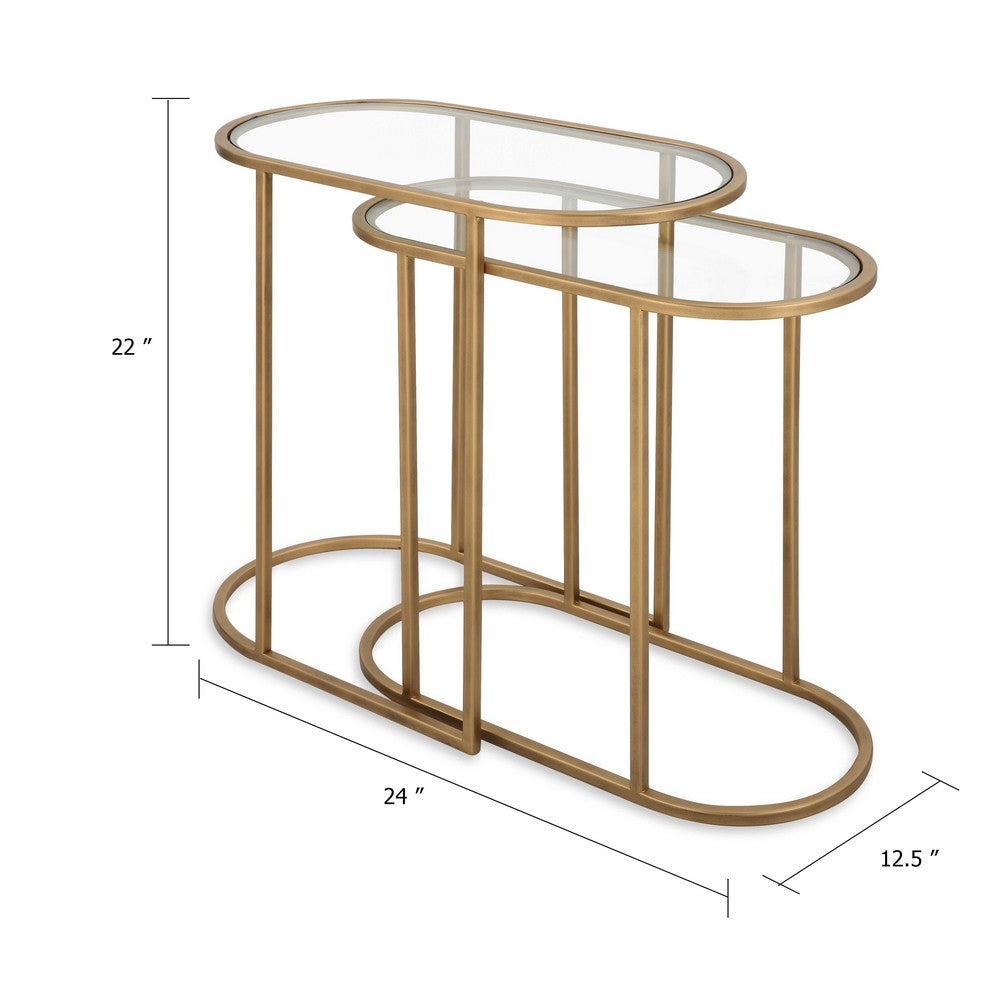 Valo 2pc Nesting Accent Table Set, Retro Glass Oval Top, Antique Brass - BM346797