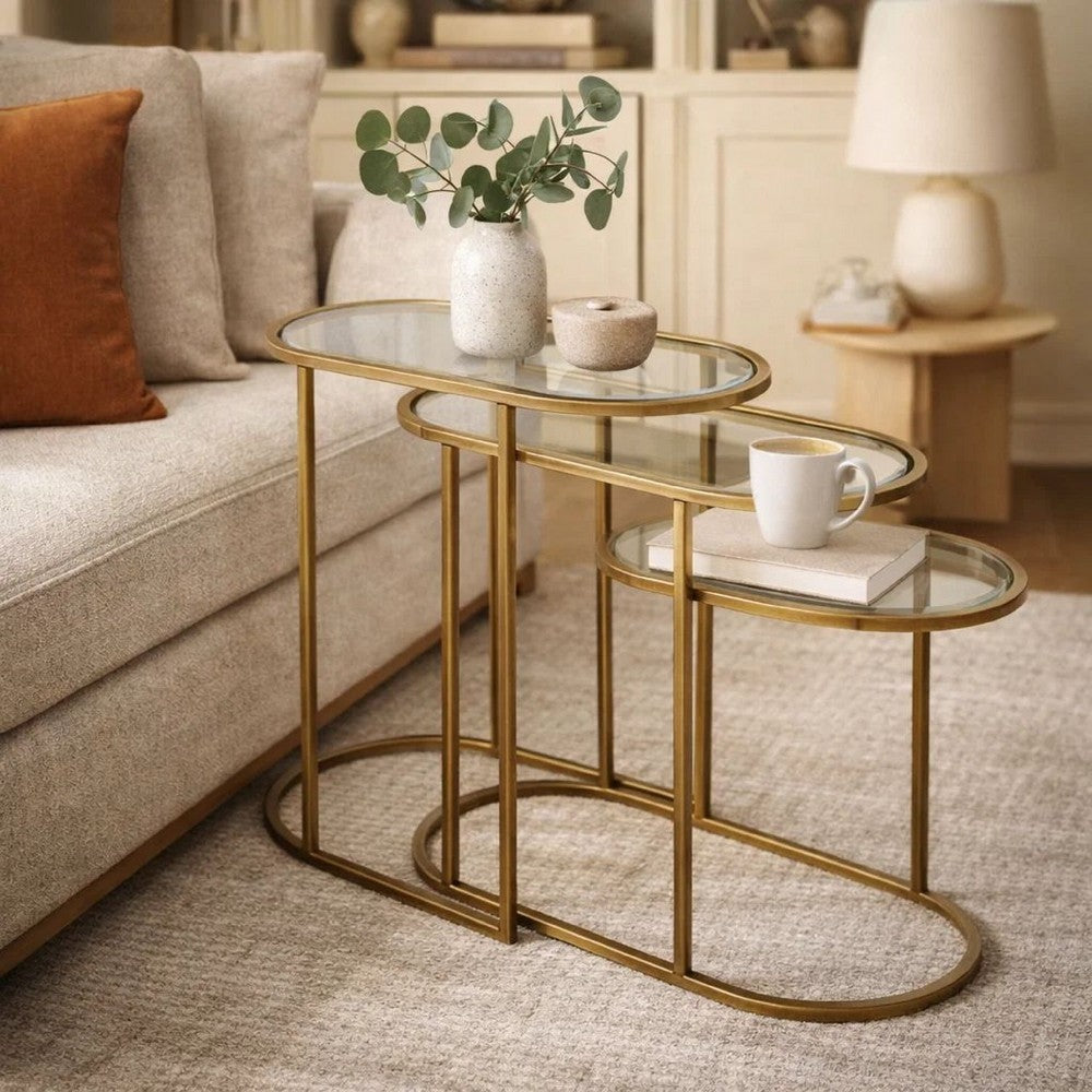 Valo 2pc Nesting Accent Table Set, Retro Glass Oval Top, Antique Brass - BM346797