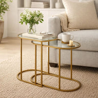 Valo 2pc Nesting Accent Table Set, Retro Glass Oval Top, Antique Brass - BM346797