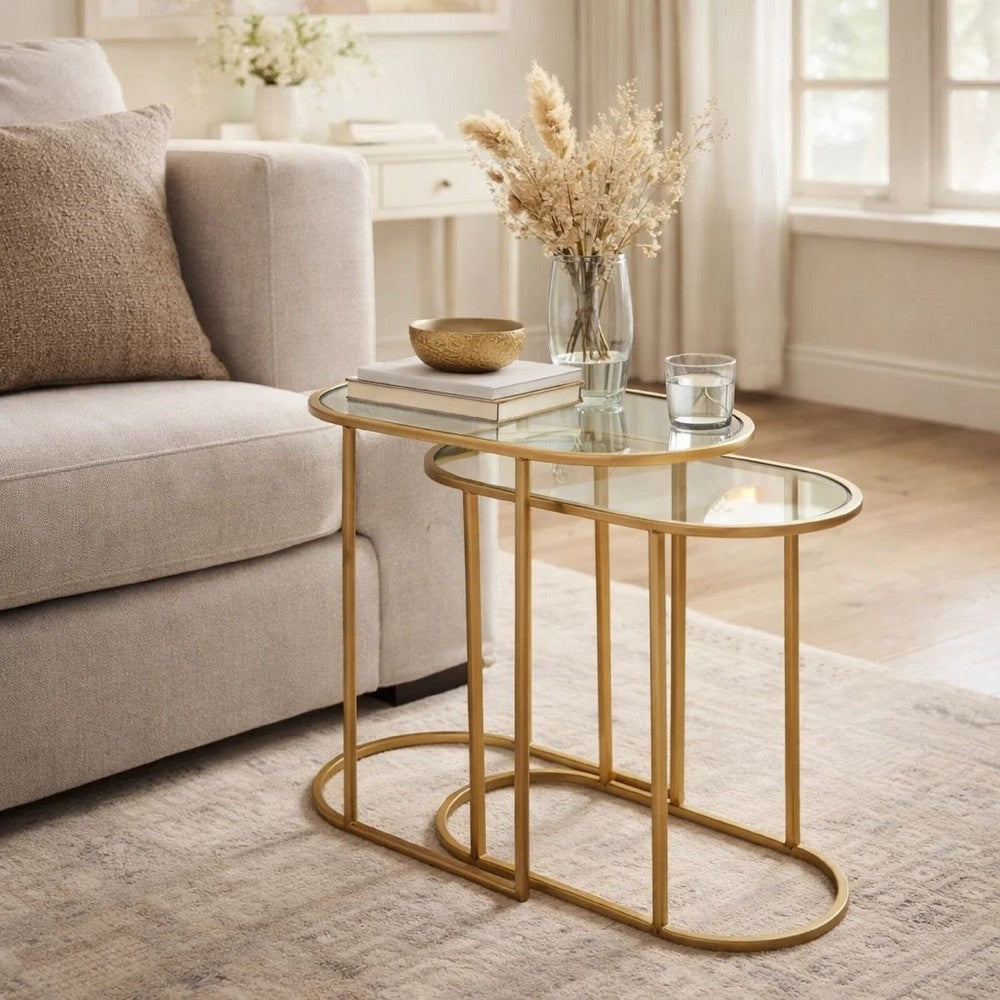 Valo 2pc Nesting Accent Table Set, Retro Glass Oval Top, Antique Brass - BM346797