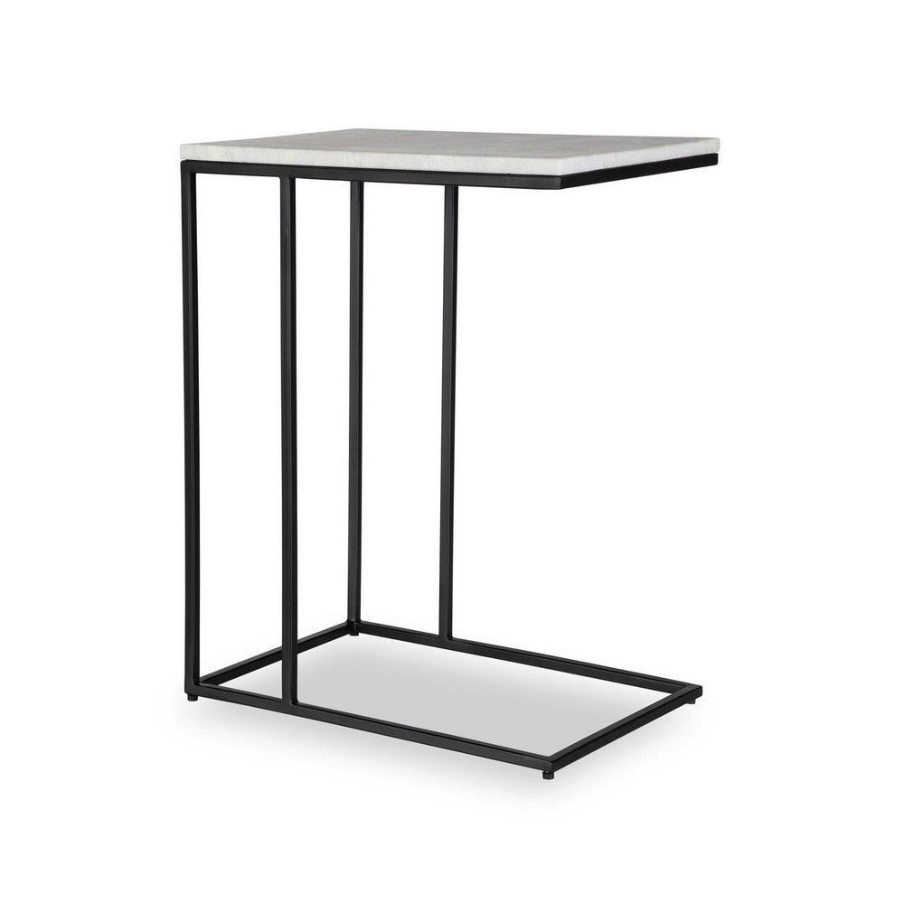Kez Accent Table, 18 Inch White Real Marble Top, Black C Shape Metal Frame - BM346799
