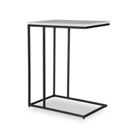 Kez Accent Table, 18 Inch White Real Marble Top, Black C Shape Metal Frame - BM346799
